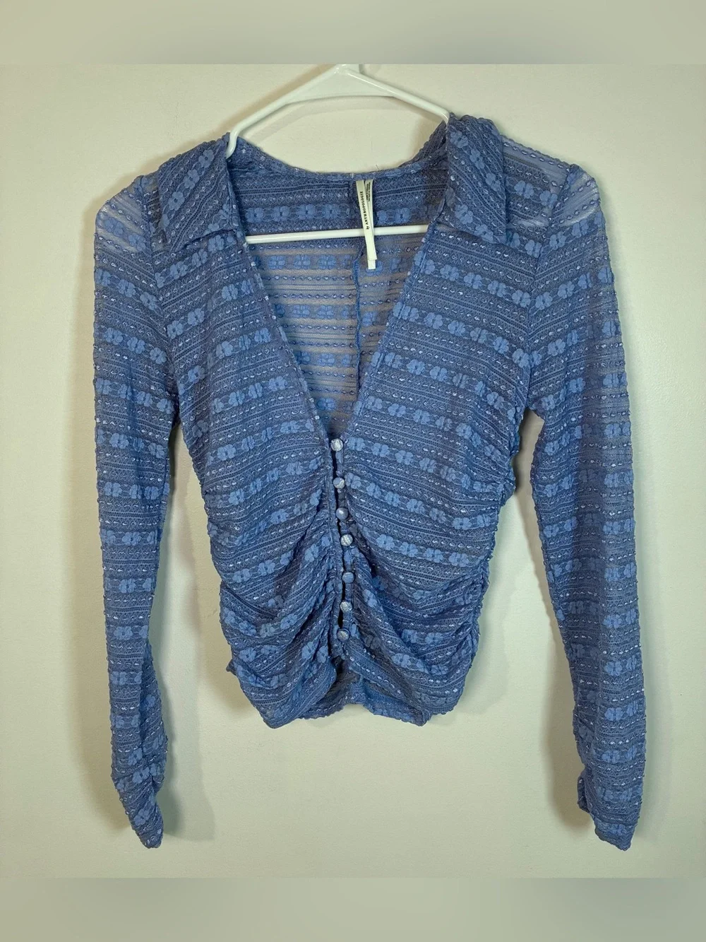 Anthropologie Sheer V-Neck Floral Lace Shirt, Purple/Periwinkle, Women’s XS